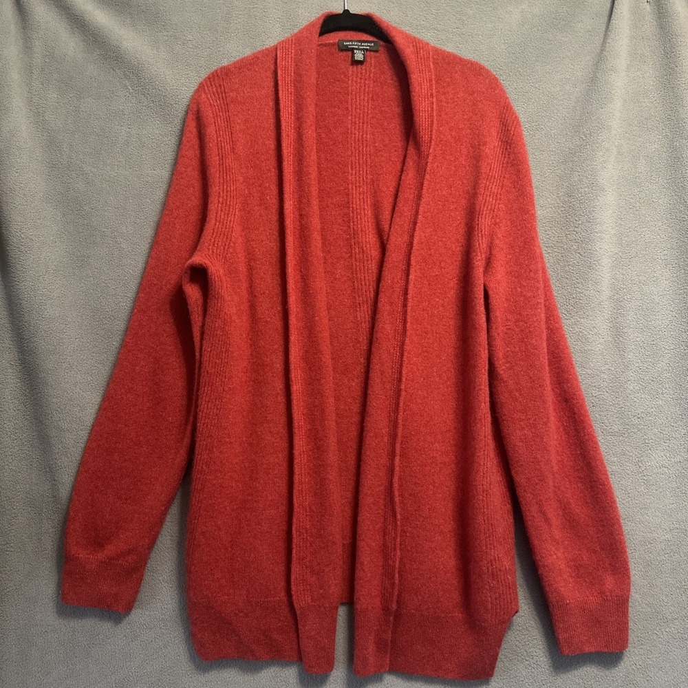 Saks Fifth Avenue 100% Cashmere Open Cardigan Sweater Womens XL Red Soft Knit